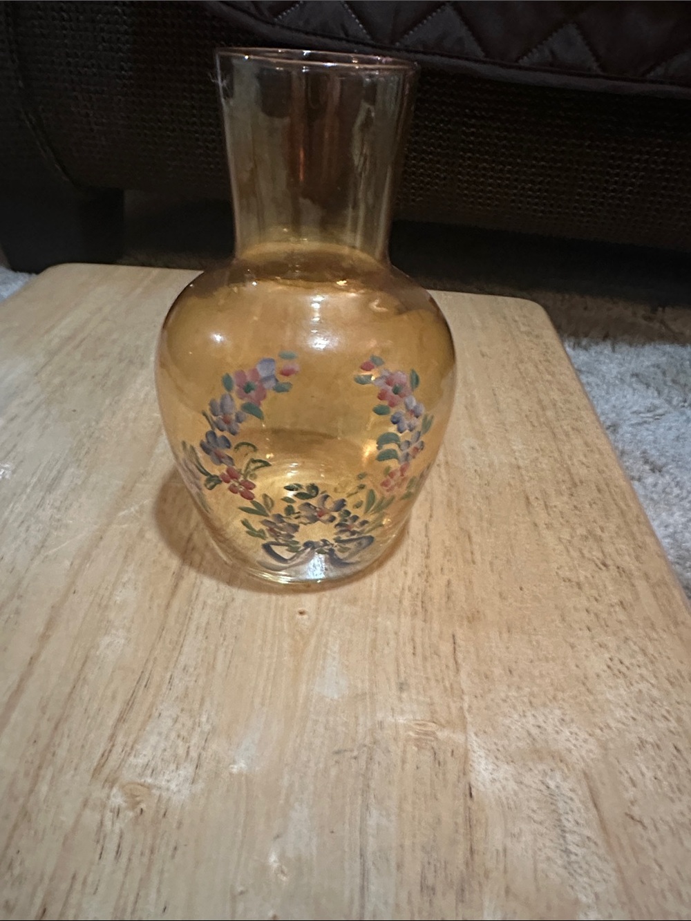 Hand-Painted Amber Glass Vase with Floral Motif